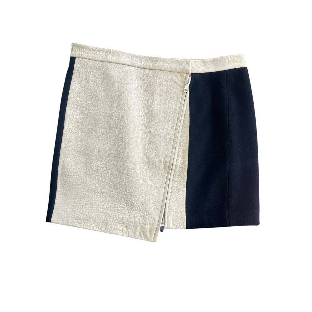 Rebecca Minkoff Lambskin Leather Wool Asymmetrical‎ Cream Skirt 10 Moto Indie
